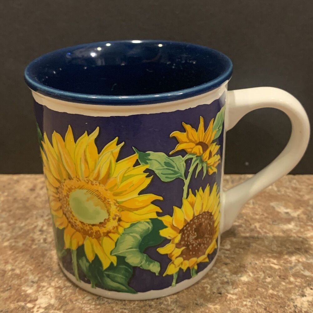 Vintage 1994 Mug Potpourri Designs Sunflowers on Blue By Shao Wei Liu